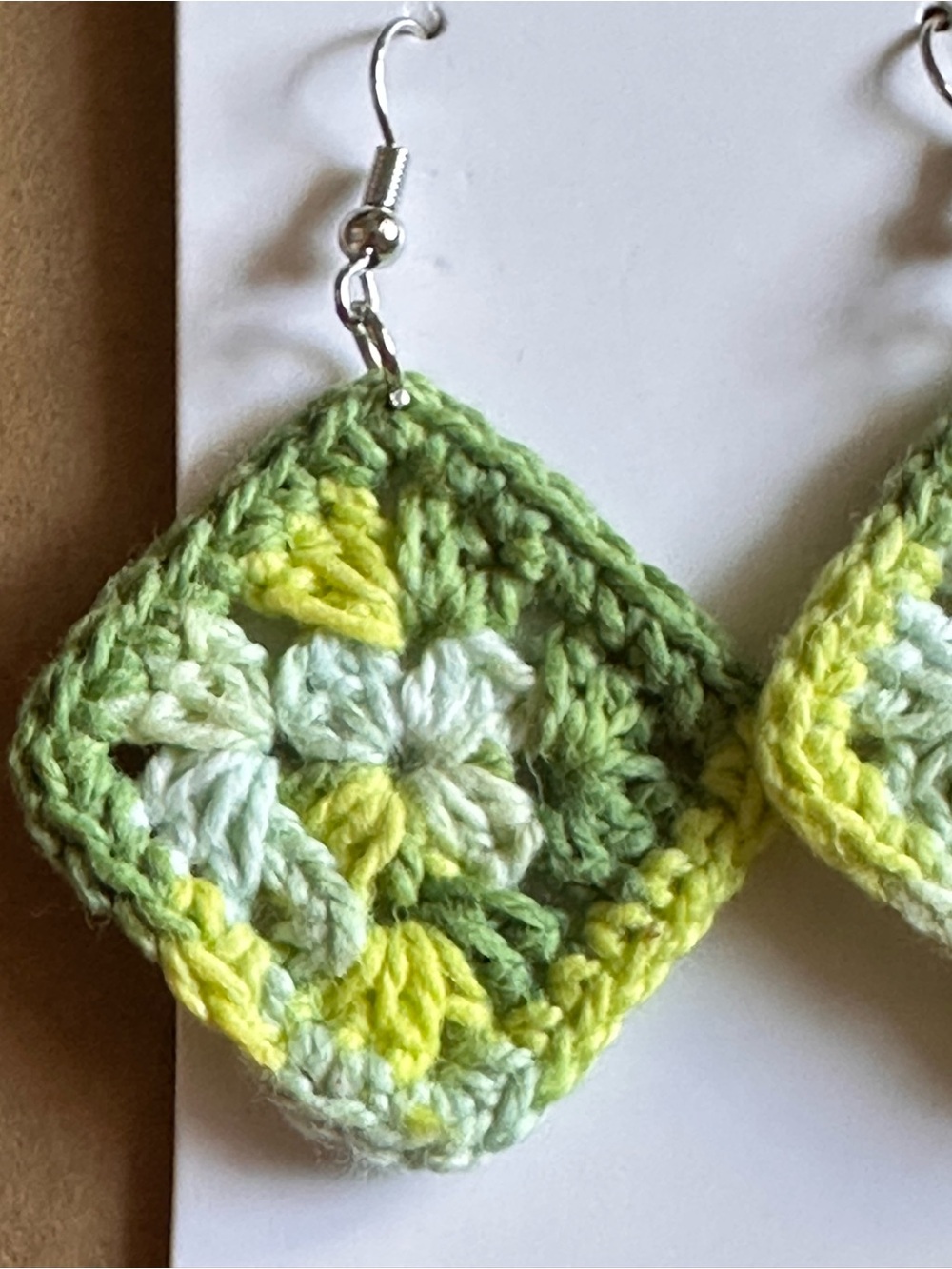Handmade Green & Yellow Crochet Square Earrings
